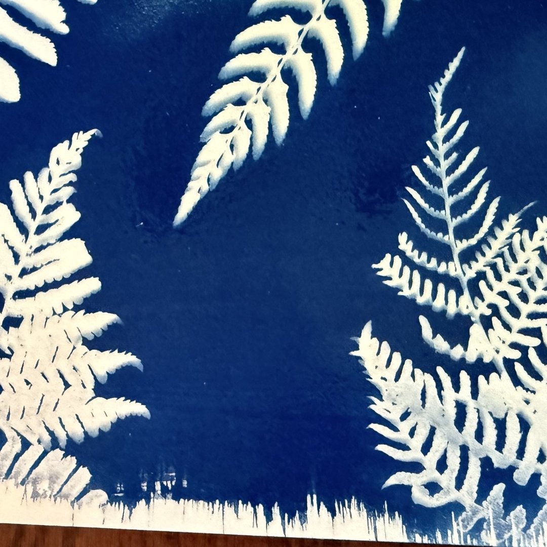 Close-up of Kristi's blue botanical print, with pale fern shapes and a hand-brushed border