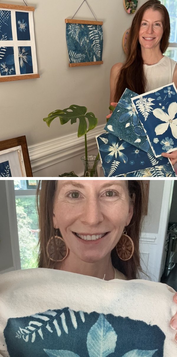 Two photos of Kristi Thompson, the Sunprints instructor: holding three of her finished cyanotype prints in front of a wall of framed prints, and a close-up of her smiling with a cyanotype-printed tote bag